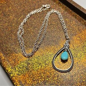 Elegant Silver Tone and Turquoise Stone Pendant Necklace